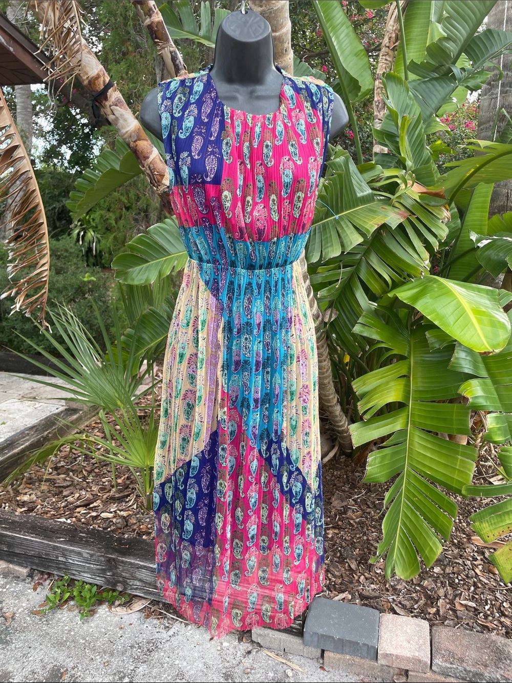 lapis, vibrant multicolored, scarf, print, paisley, sheer dress